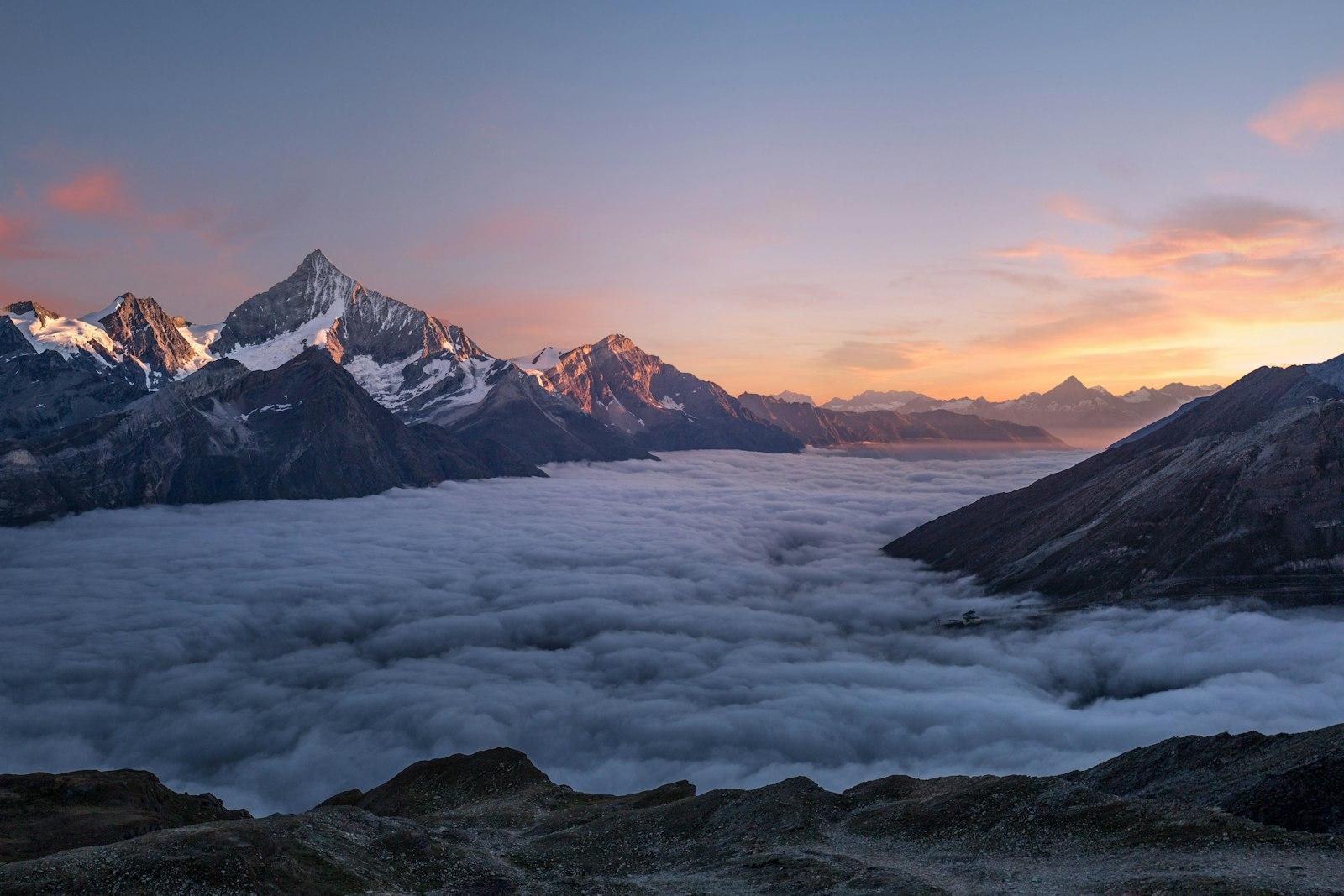 Misty mountain ridge and peaks in Sikkim