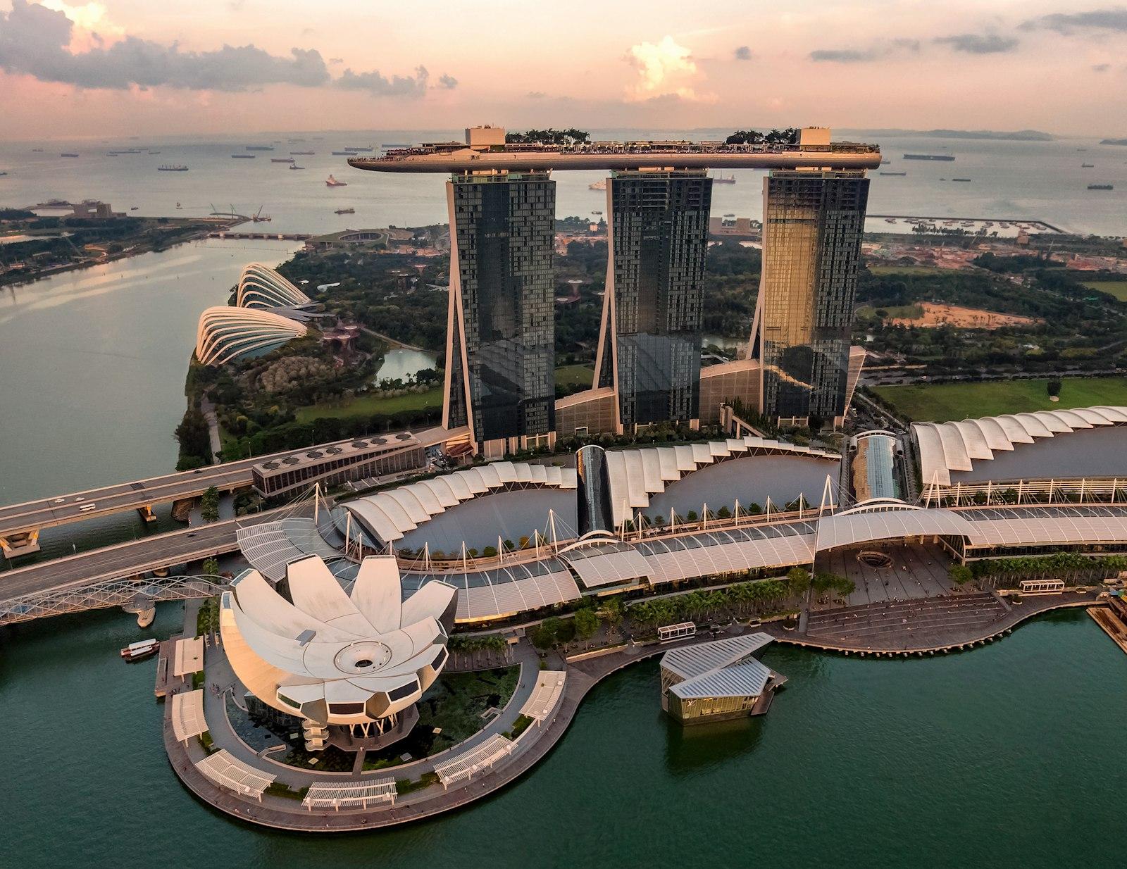Singapore skyline and gardens at dusk